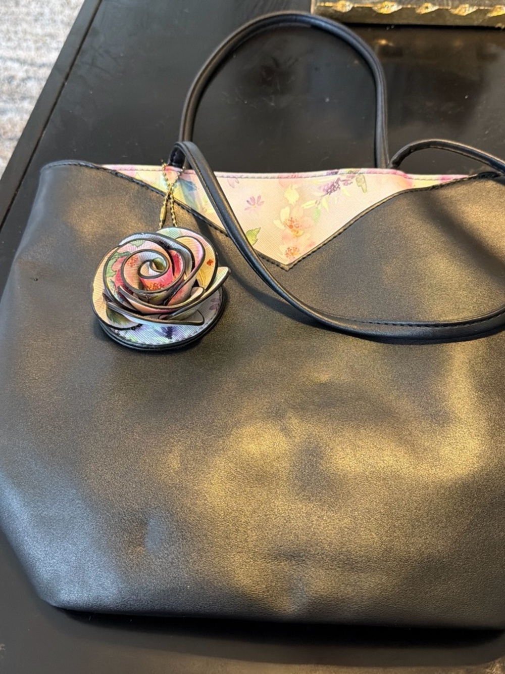 Black Floral Accent Tote Bag with Rose Charm